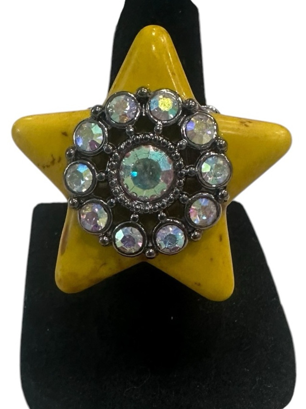 Boutique Yellow Star Statement Ring with AB Crystal Cluster